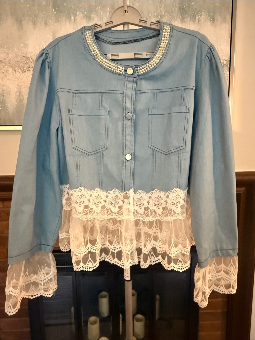Light Blue Lace-Trim Jacket with Pearl Collar